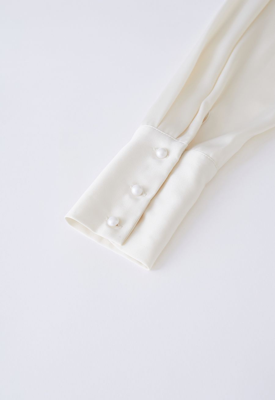 Padded Shoulder Cowl Neck Ruched Satin Dress in Cream