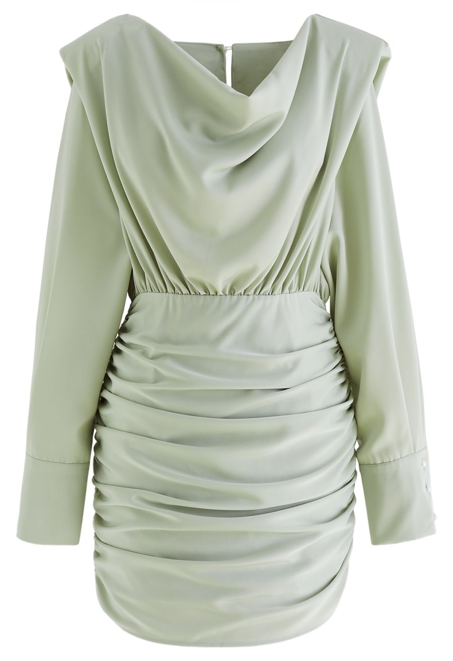 Padded Shoulder Cowl Neck Ruched Satin Dress in Mint