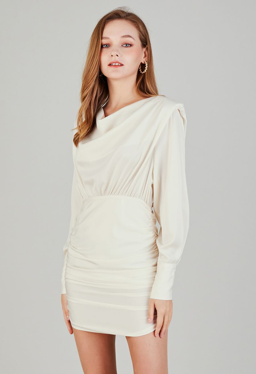 Padded Shoulder Cowl Neck Ruched Satin Dress in Cream