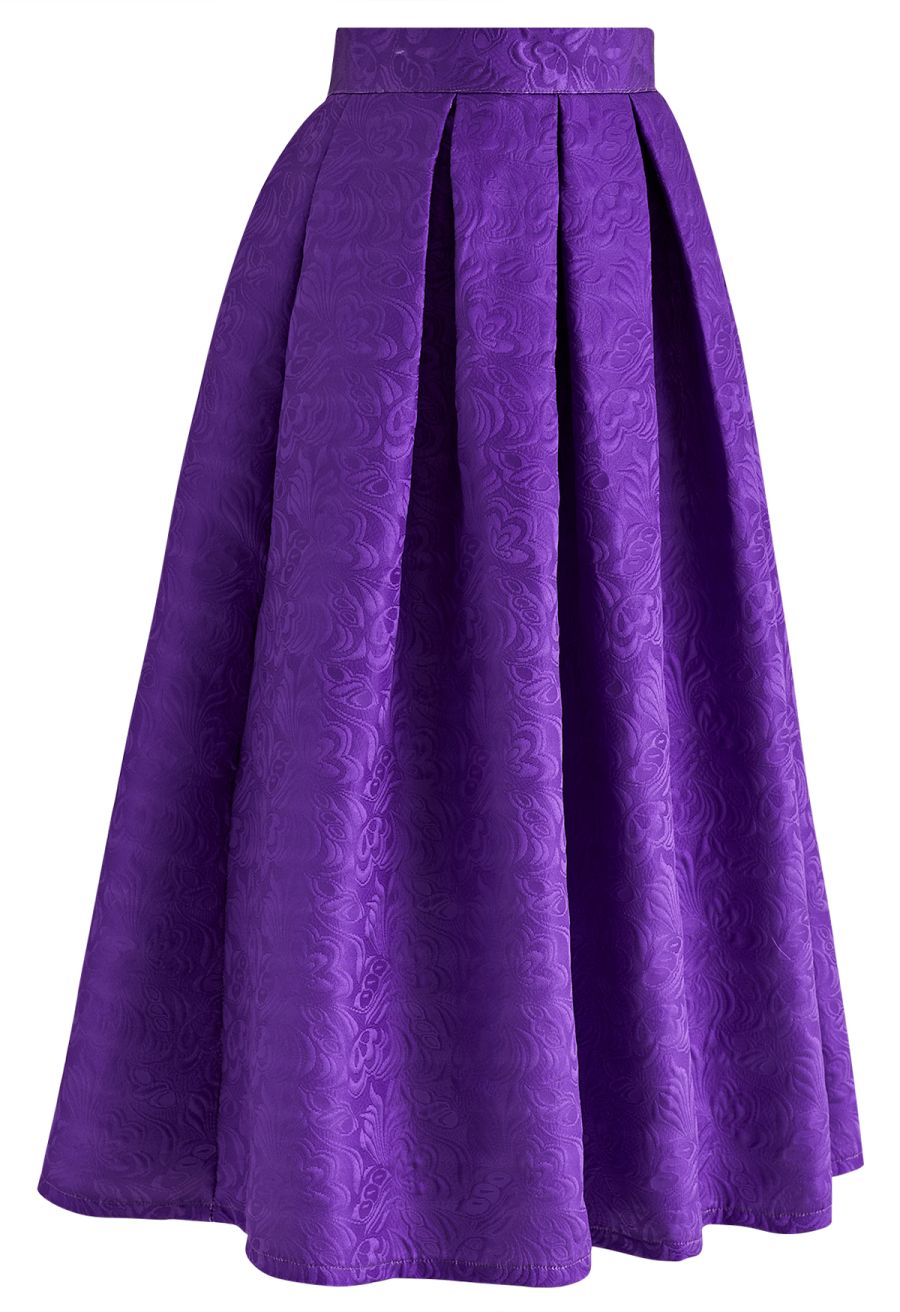 Noble Embossed Floral Jacquard Midi Skirt in Purple