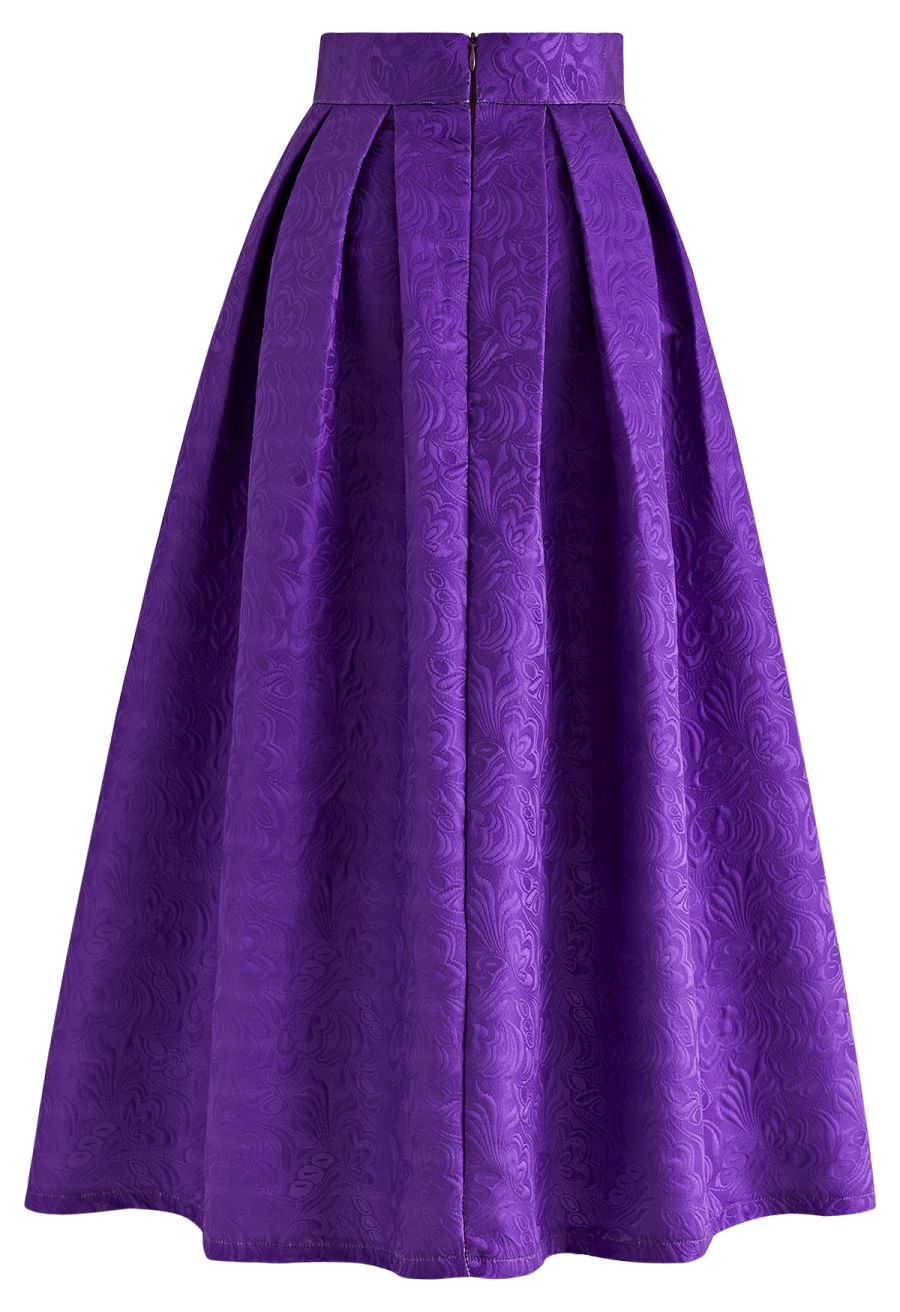 Noble Embossed Floral Jacquard Midi Skirt in Purple