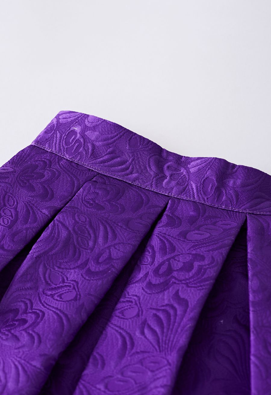 Noble Embossed Floral Jacquard Midi Skirt in Purple