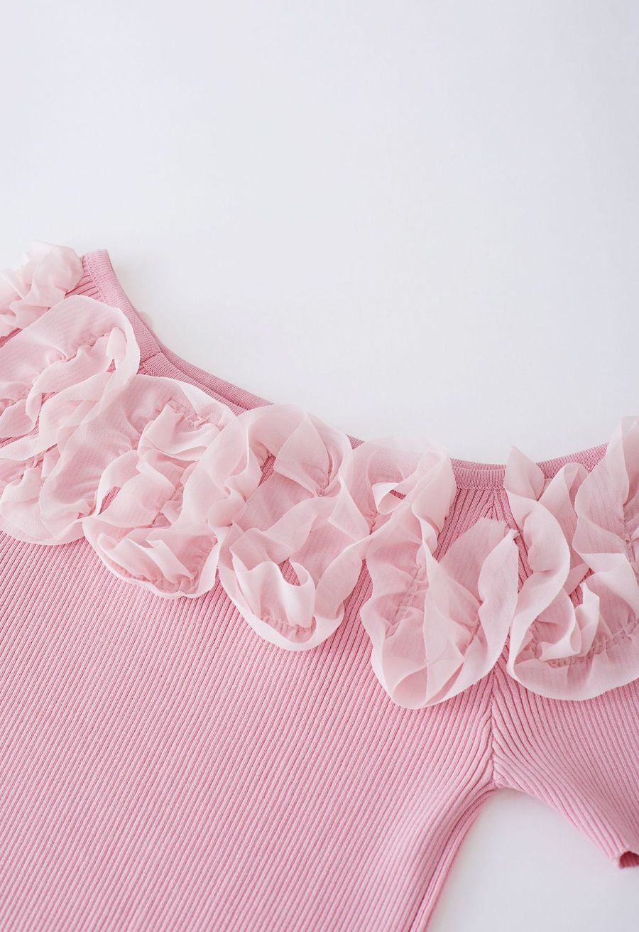 Ruffle Mesh Boat Neck Knit Top in Pink