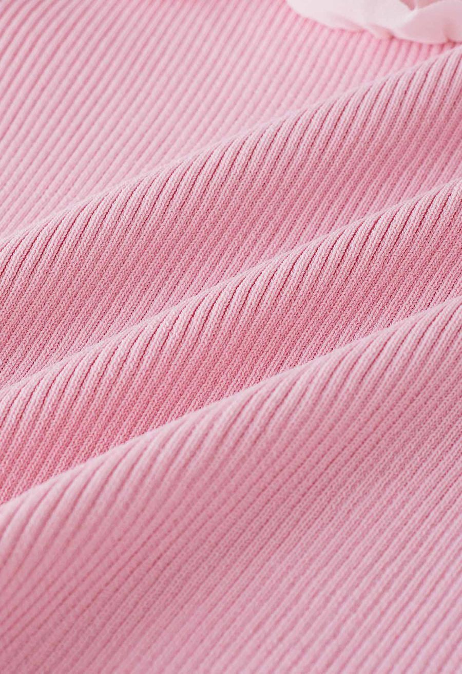 Ruffle Mesh Boat Neck Knit Top in Pink