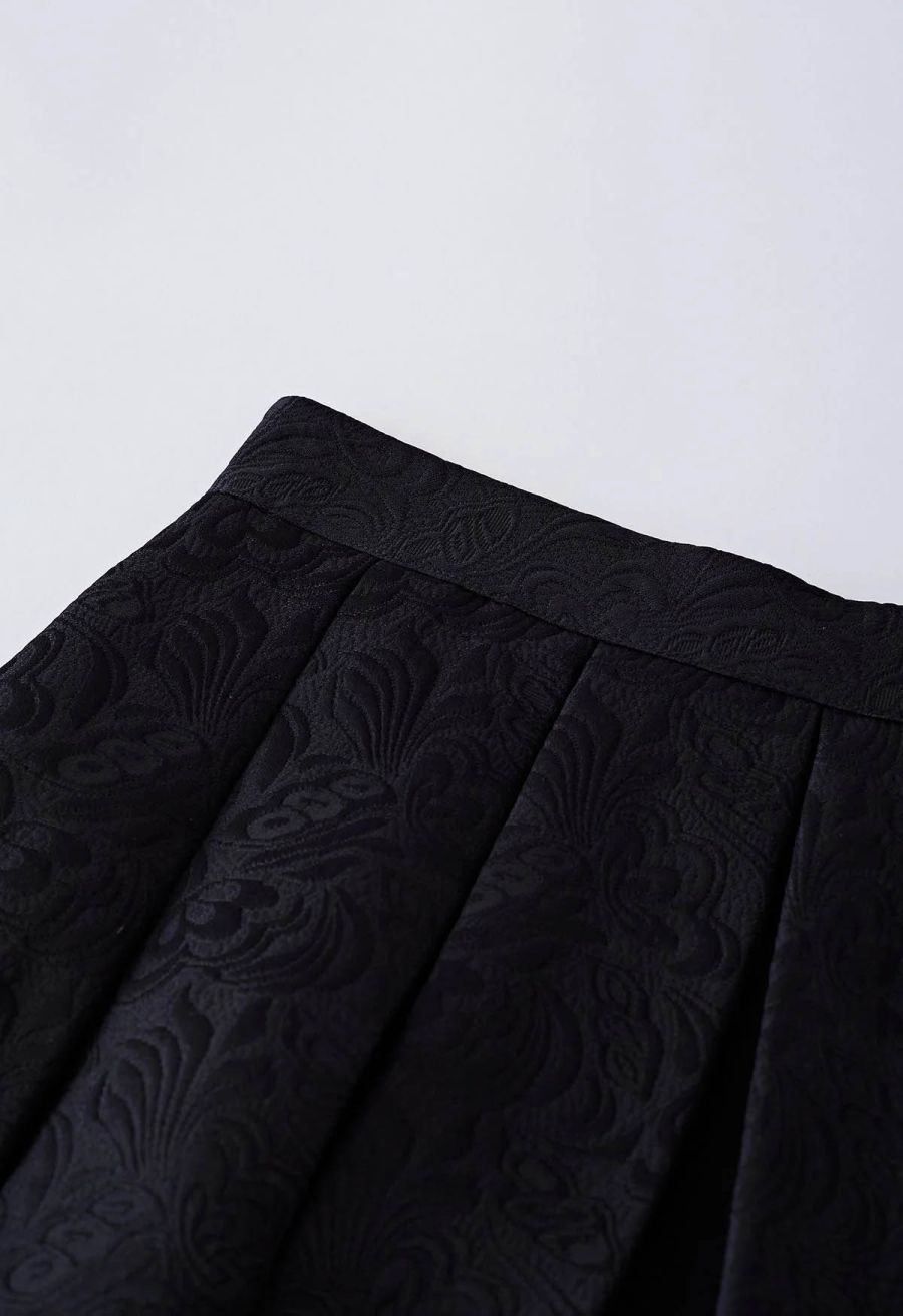 Noble Embossed Floral Jacquard Midi Skirt in Black