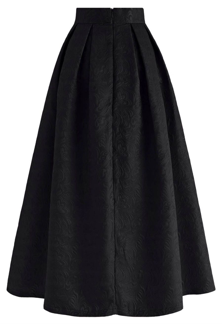 Noble Embossed Floral Jacquard Midi Skirt in Black
