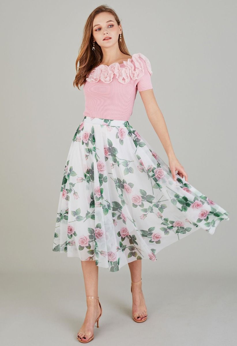 Timeless Rose Mesh Tulle Midi Skirt