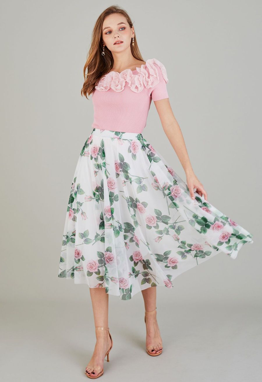 Ruffle Mesh Boat Neck Knit Top in Pink