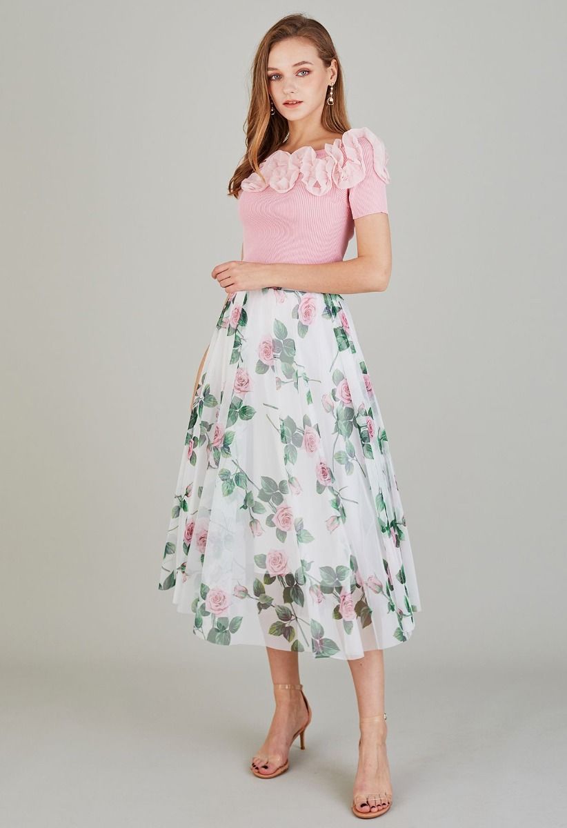 Timeless Rose Mesh Tulle Midi Skirt