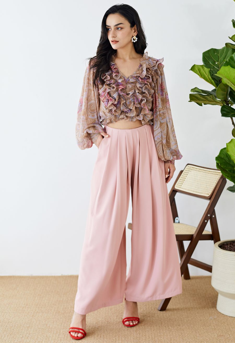 Fanciful Pleats Wide-Leg Pants in Pink