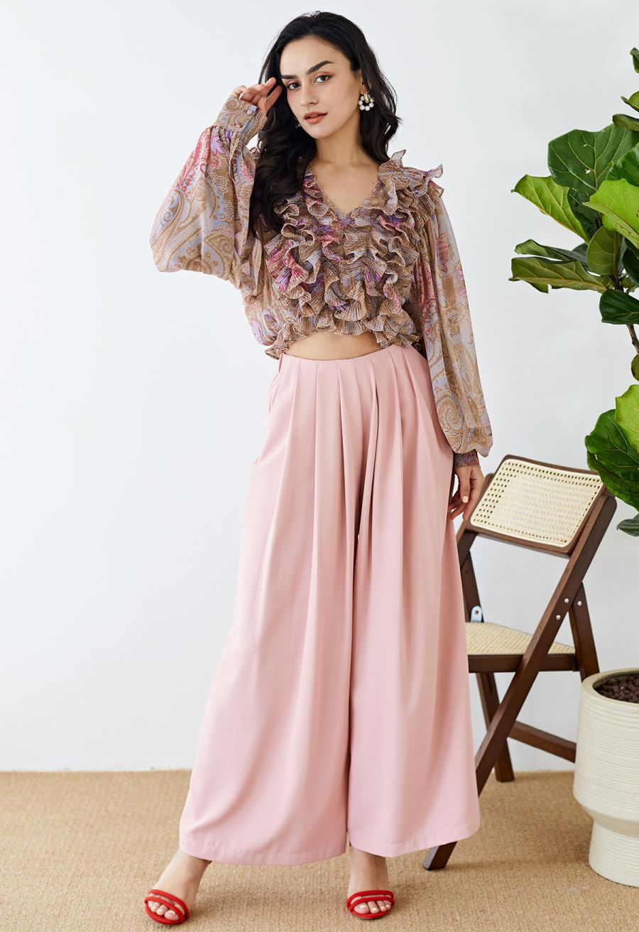 Fanciful Pleats Wide-Leg Pants in Pink