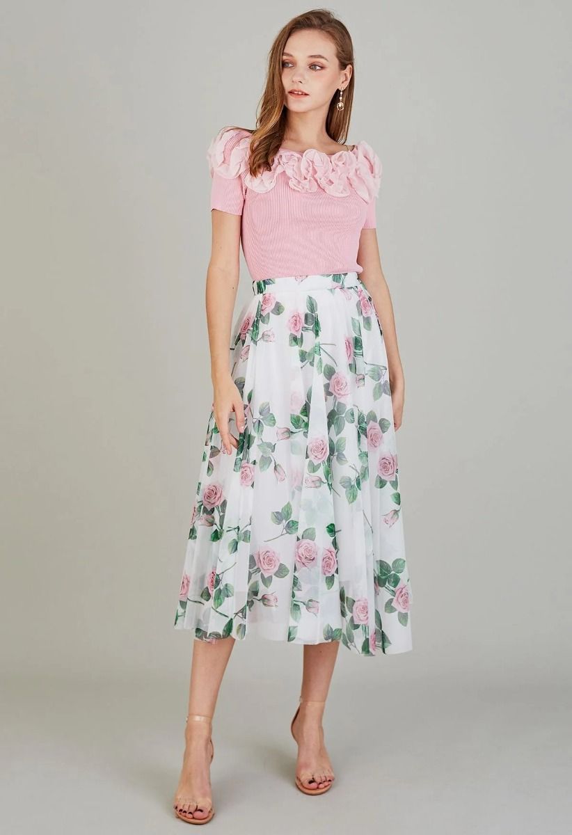 Timeless Rose Mesh Tulle Midi Skirt
