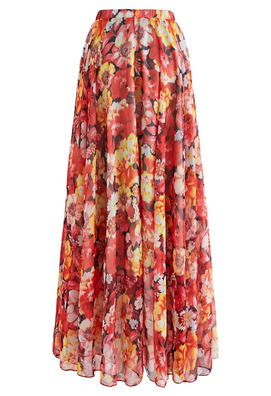 Reddish Flower Printed Chiffon Maxi Skirt