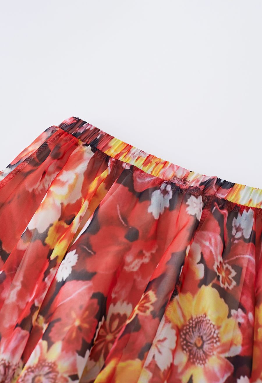 Reddish Flower Printed Chiffon Maxi Skirt