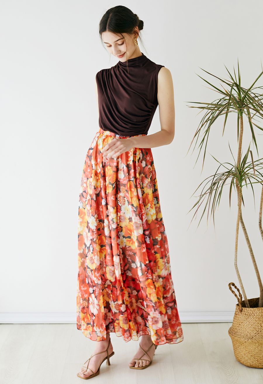 Reddish Flower Printed Chiffon Maxi Skirt