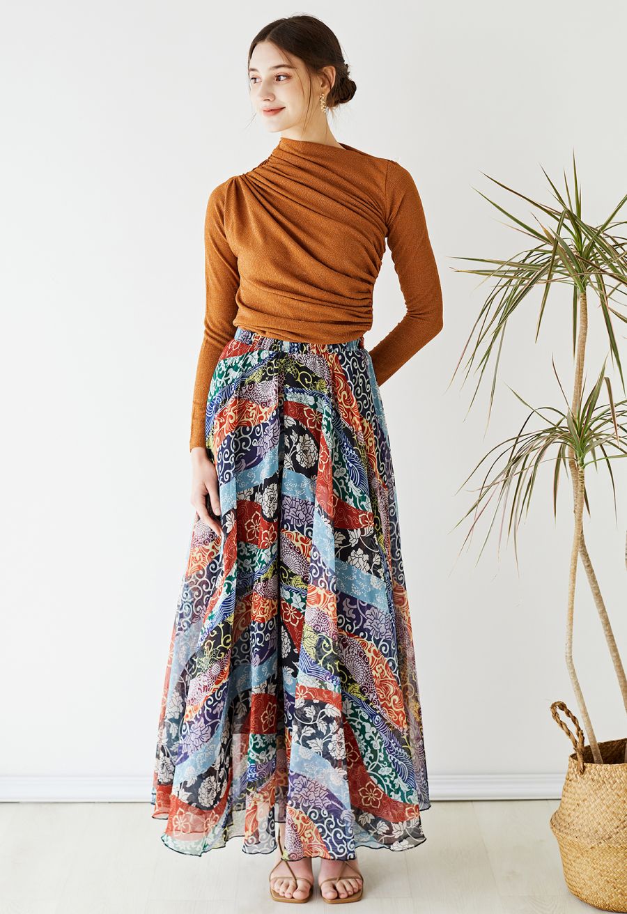 Bohemian Blossom Print Chiffon Maxi Skirt
