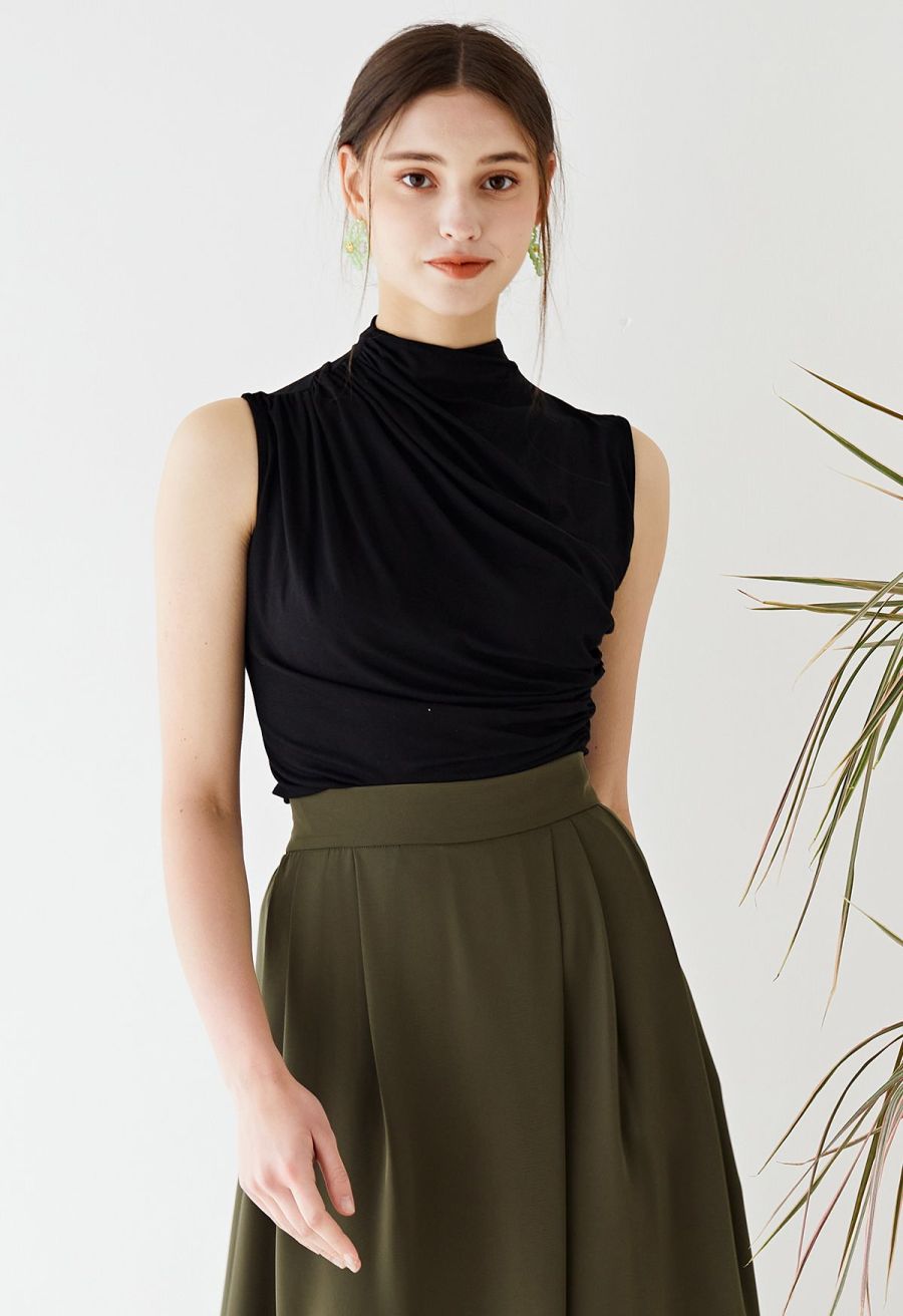 Ruched Detail Sleeveless Top in Black