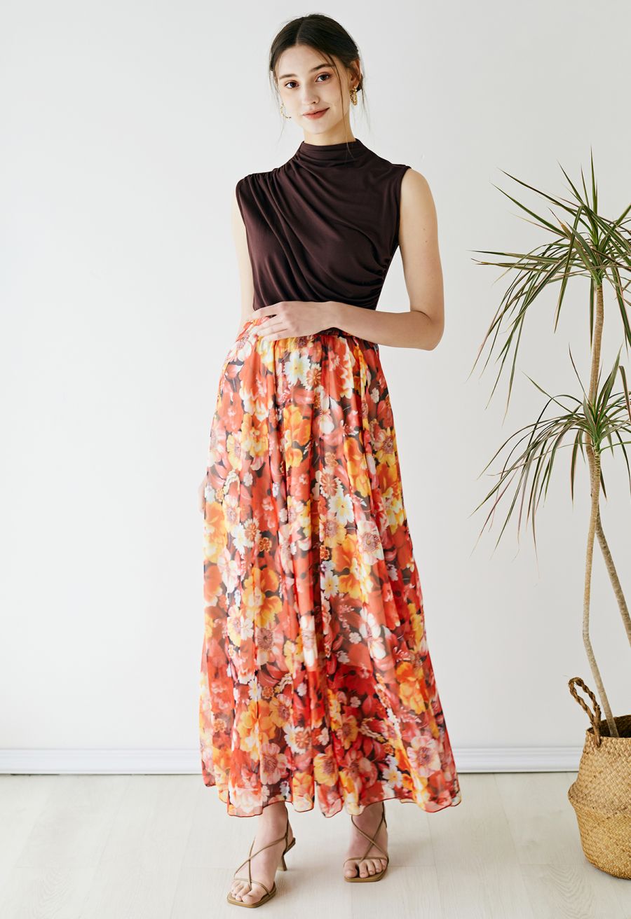 Reddish Flower Printed Chiffon Maxi Skirt