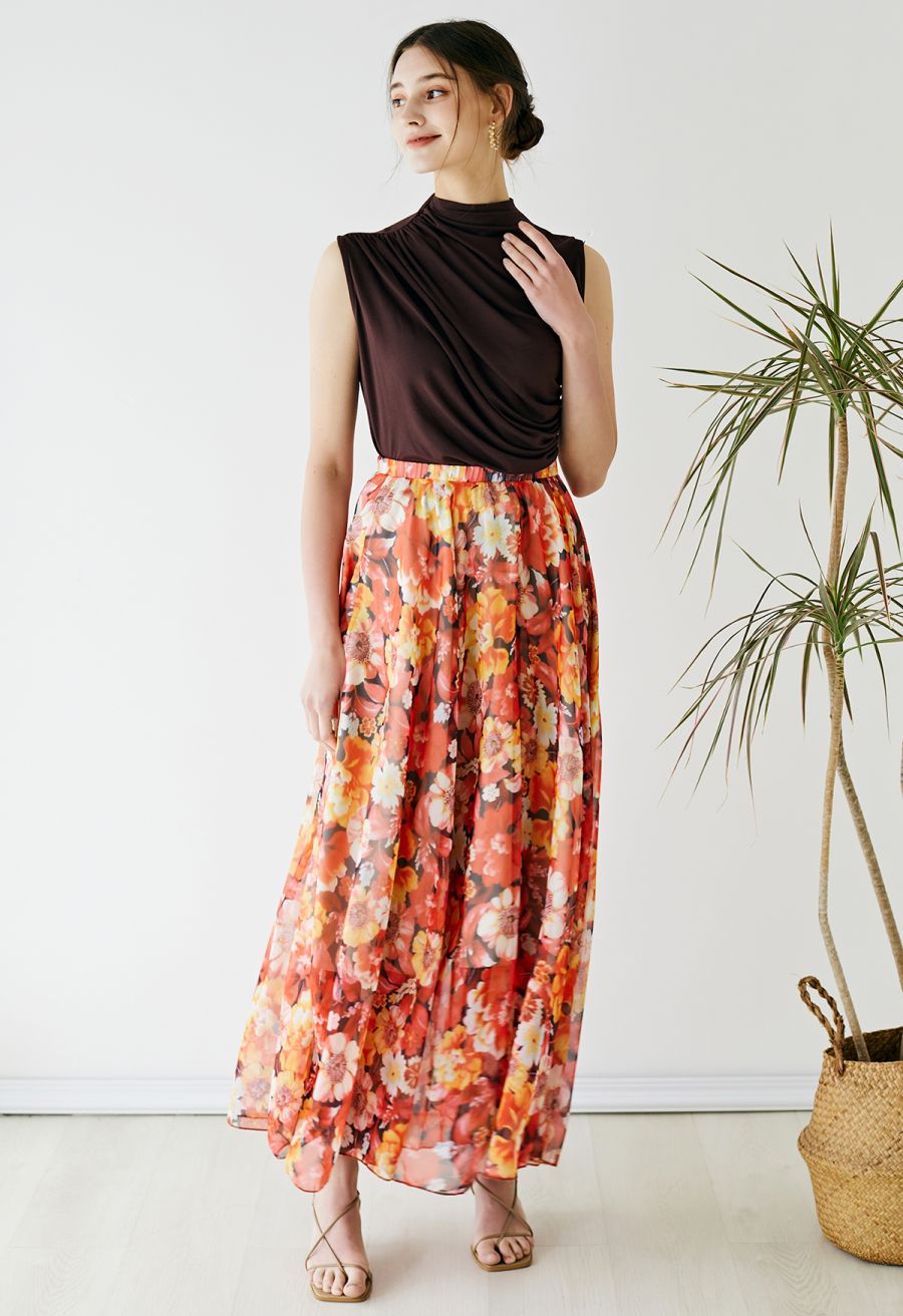Reddish Flower Printed Chiffon Maxi Skirt