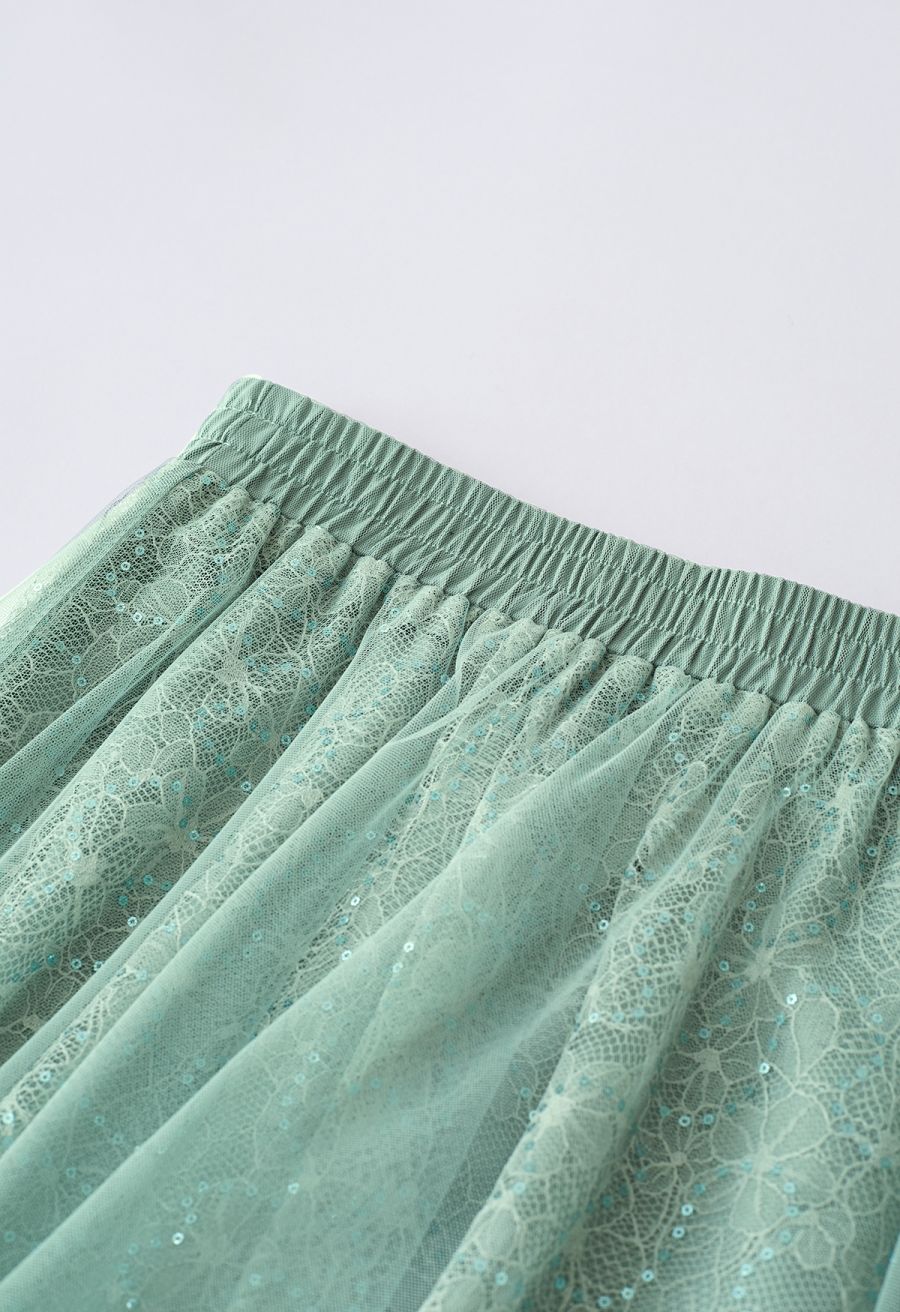 Sequined Floral Lace Mesh Tulle Skirt in Mint