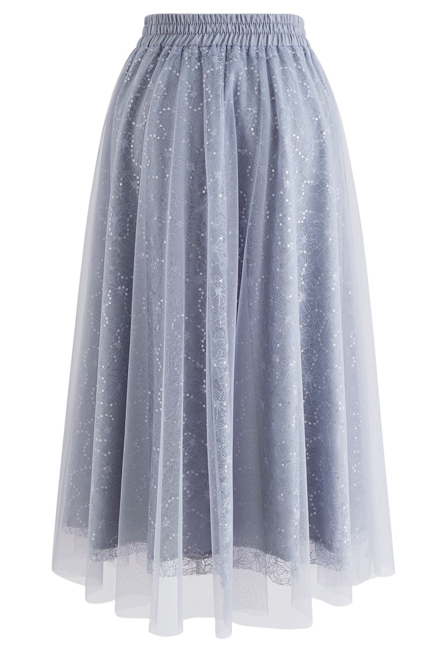 Sequined Floral Lace Mesh Tulle Skirt in Grey