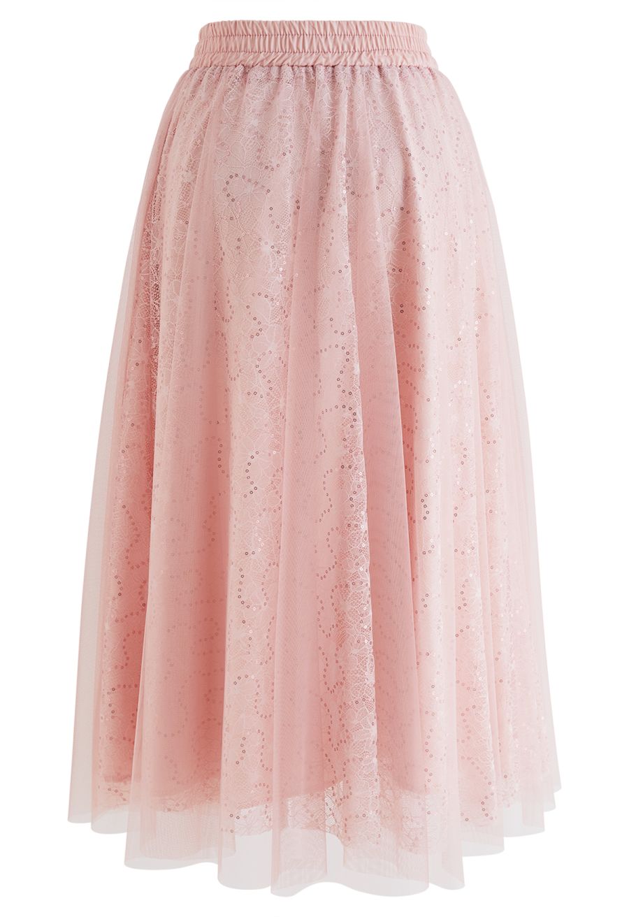 Sequined Floral Lace Mesh Tulle Skirt in Pink