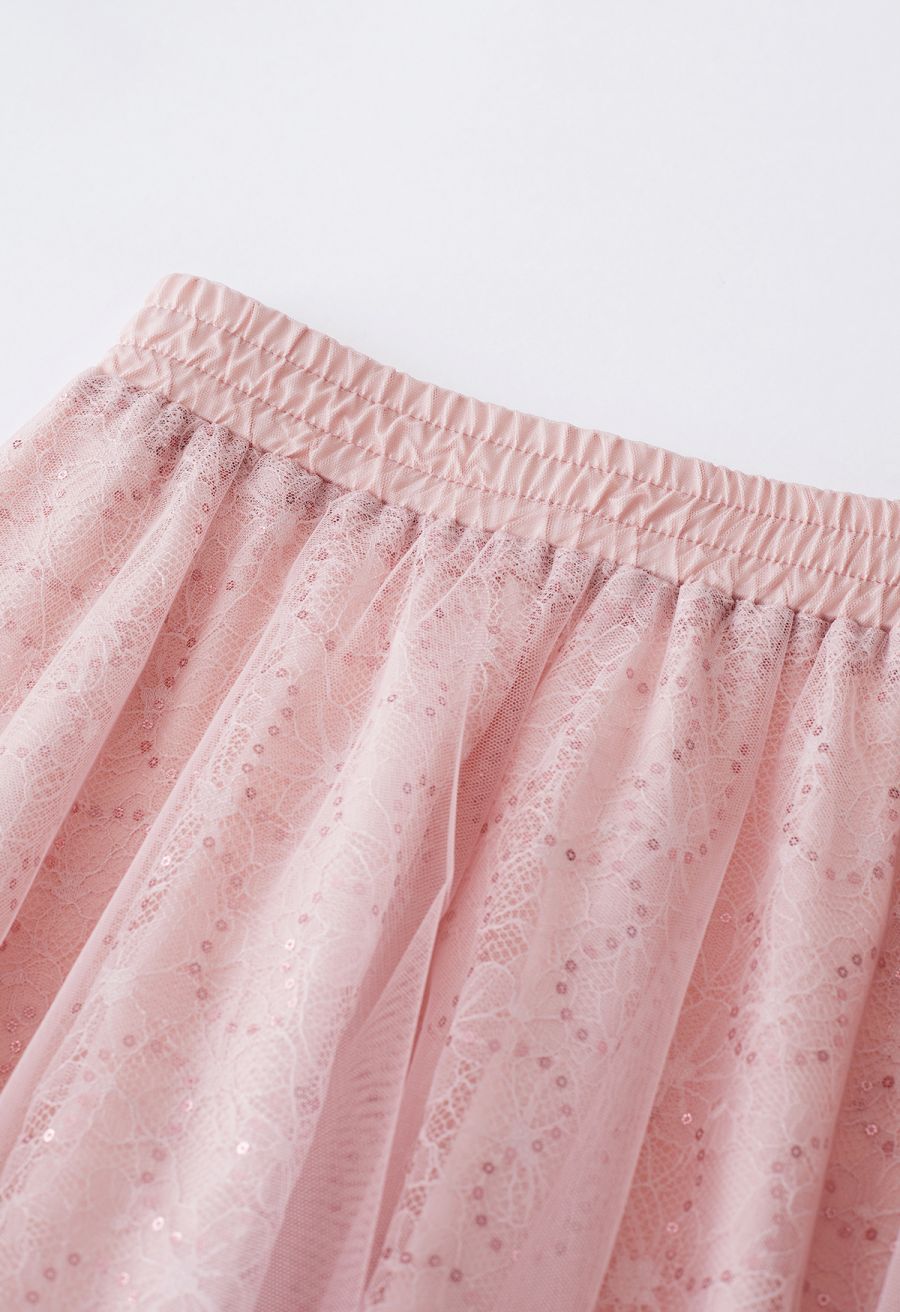 Sequined Floral Lace Mesh Tulle Skirt in Pink