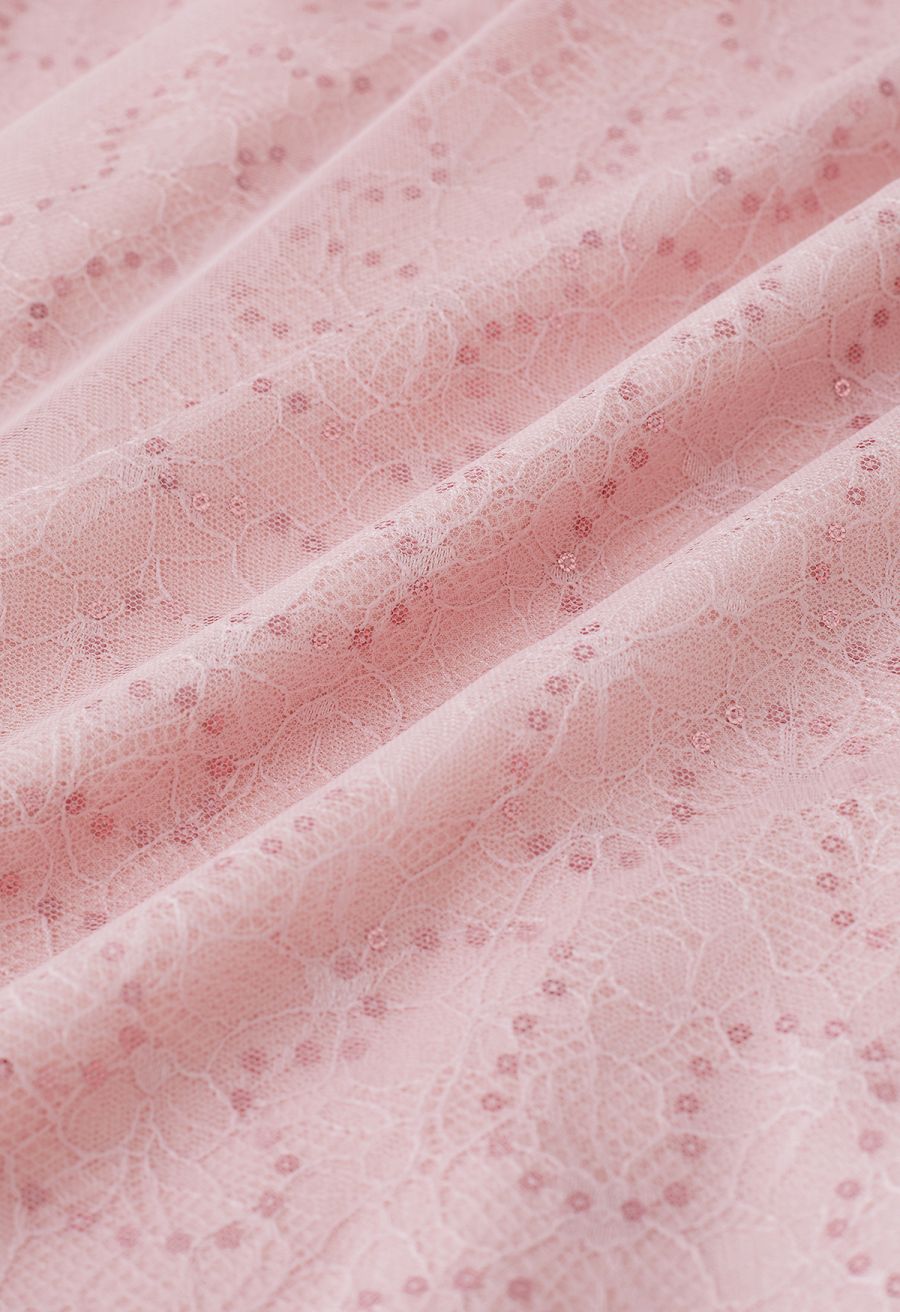 Sequined Floral Lace Mesh Tulle Skirt in Pink