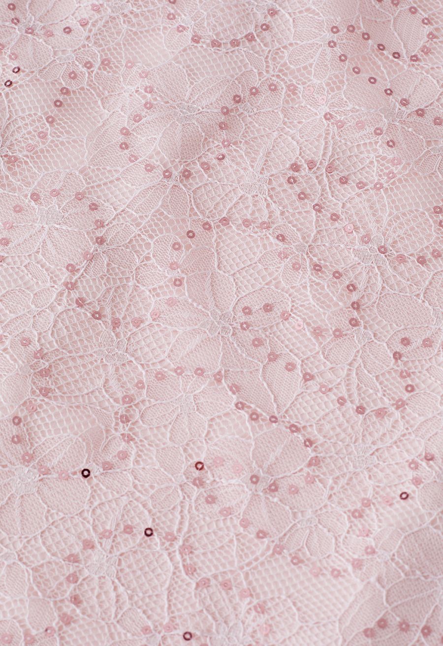 Sequined Floral Lace Mesh Tulle Skirt in Pink