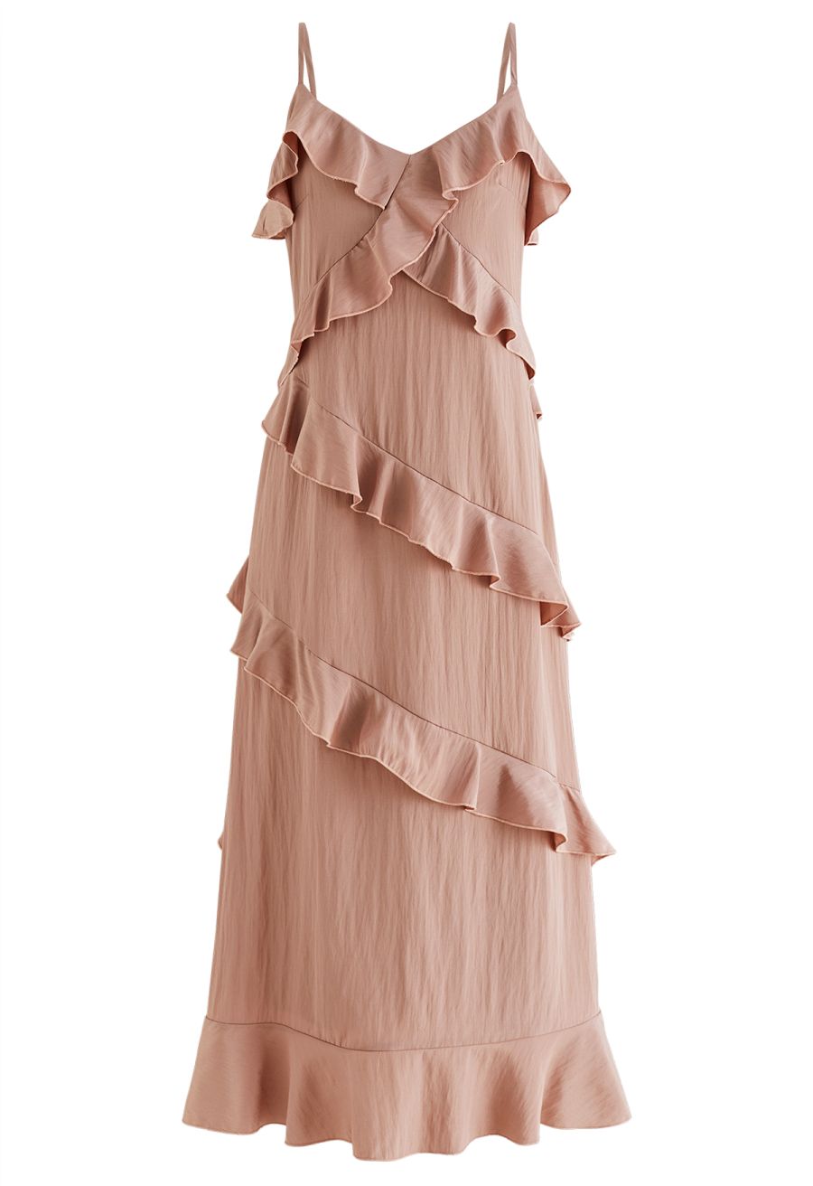 Side Slit Tiered Ruffle Cami Dress in Pink