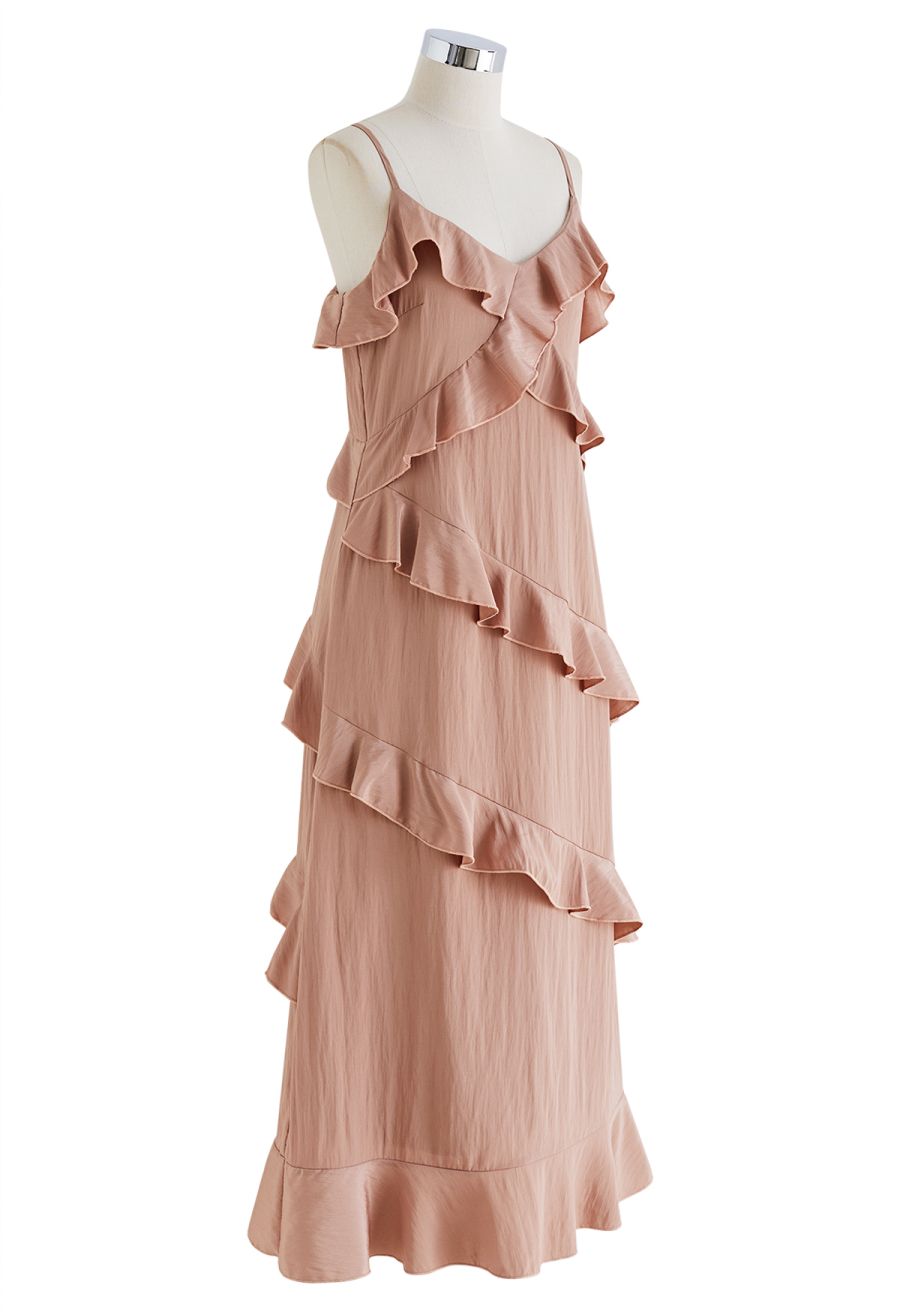 Side Slit Tiered Ruffle Cami Dress in Pink