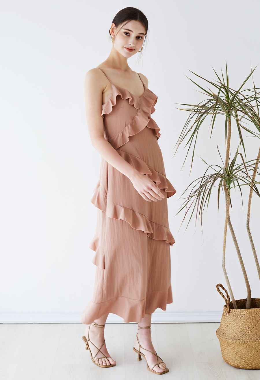 Side Slit Tiered Ruffle Cami Dress in Pink