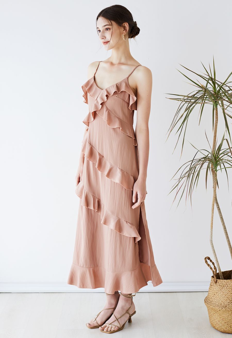Side Slit Tiered Ruffle Cami Dress in Pink
