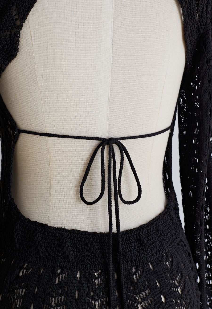 Open Back Hollow Out Knit Cover Up in Black