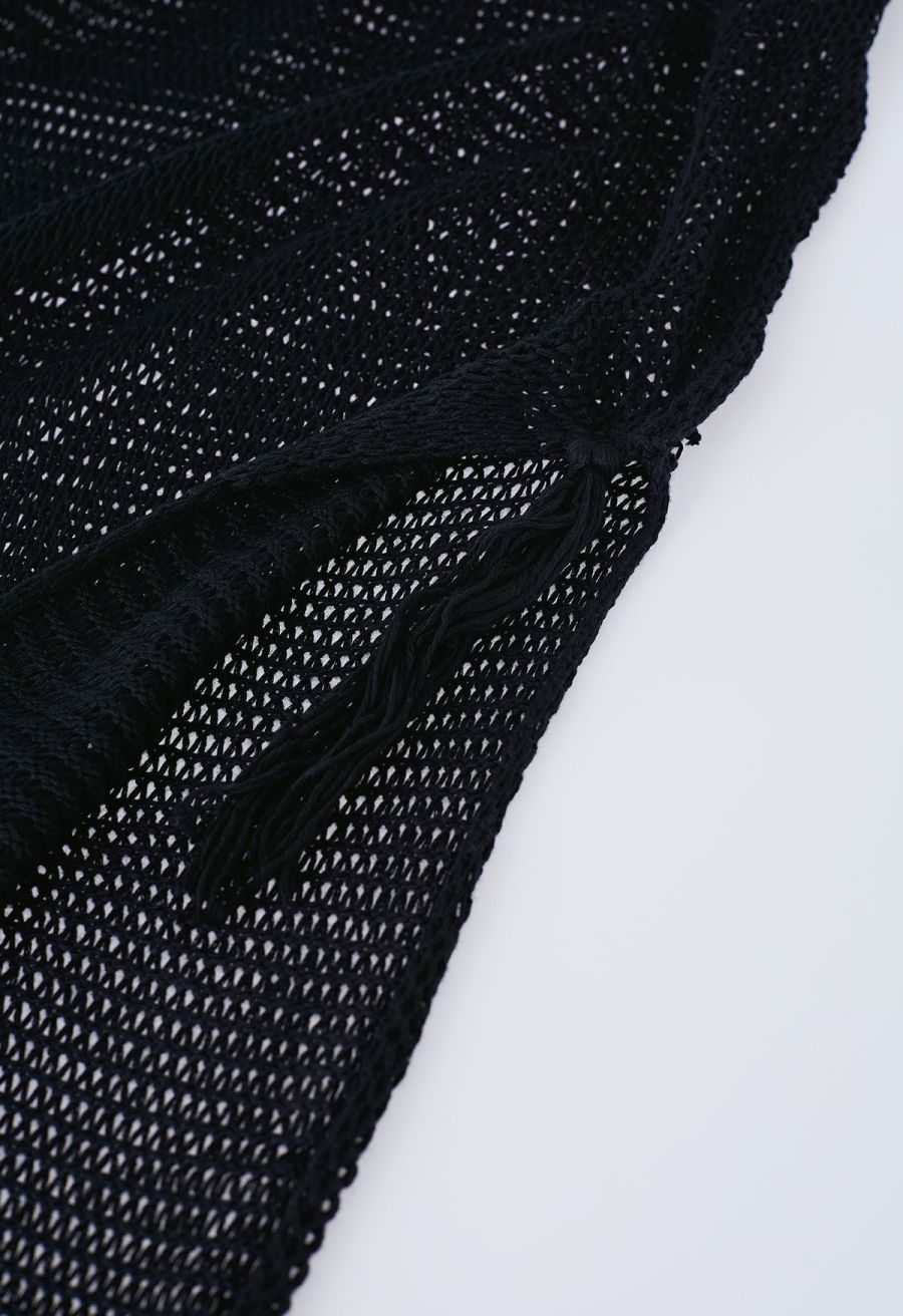 Fringed Hem Pointelle Knit Cover Up in Black