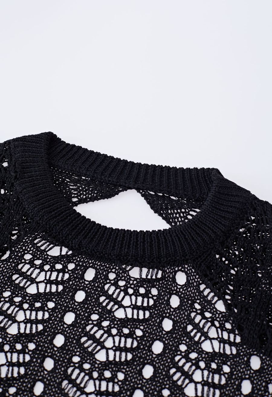 Open Back Hollow Out Knit Cover Up in Black