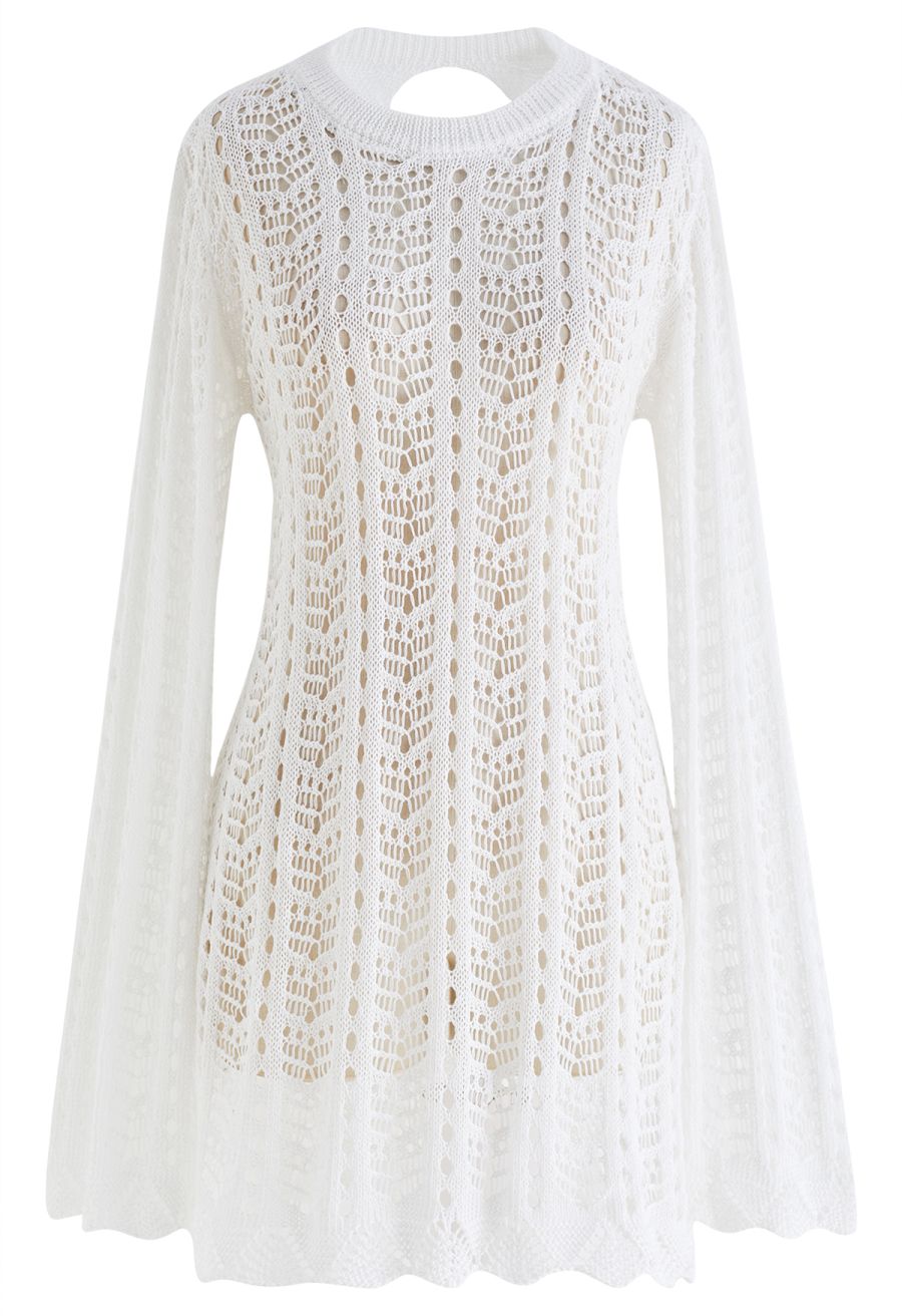 Open Back Hollow Out Knit Cover Up in White