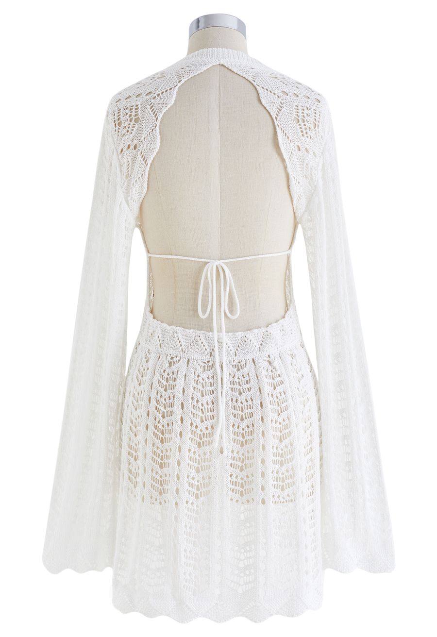 Open Back Hollow Out Knit Cover Up in White