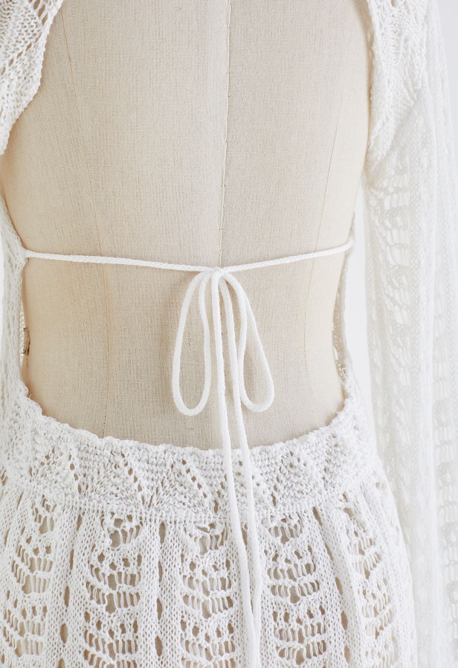 Open Back Hollow Out Knit Cover Up in White