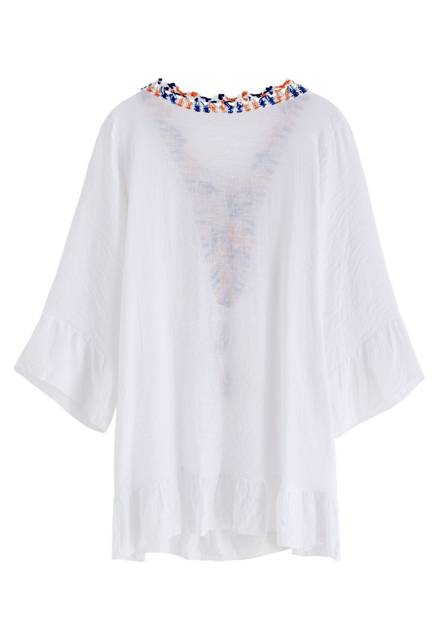 Boho Contrast Crochet Cover Up in White