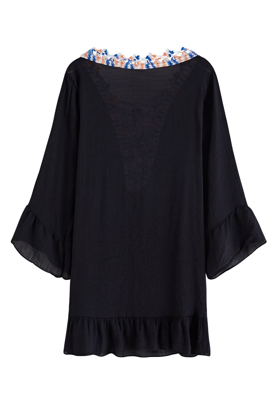 Boho Contrast Crochet Cover Up in Black