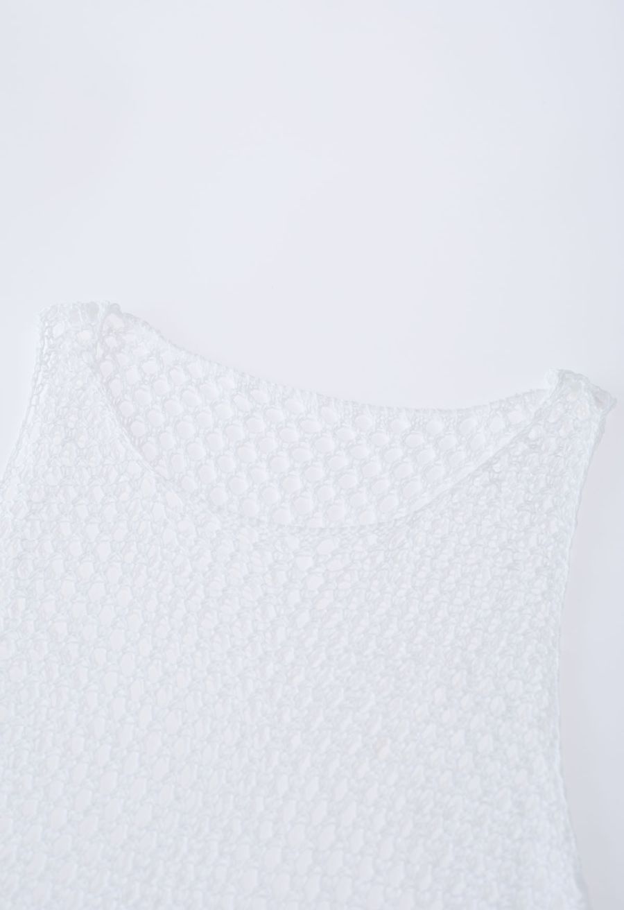 Tassel Hem Hollow Out Sleeveless Knit Cover Up in White