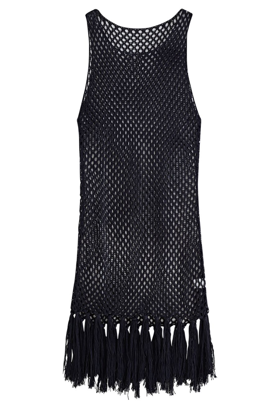 Tassel Hem Hollow Out Sleeveless Knit Cover Up in Black