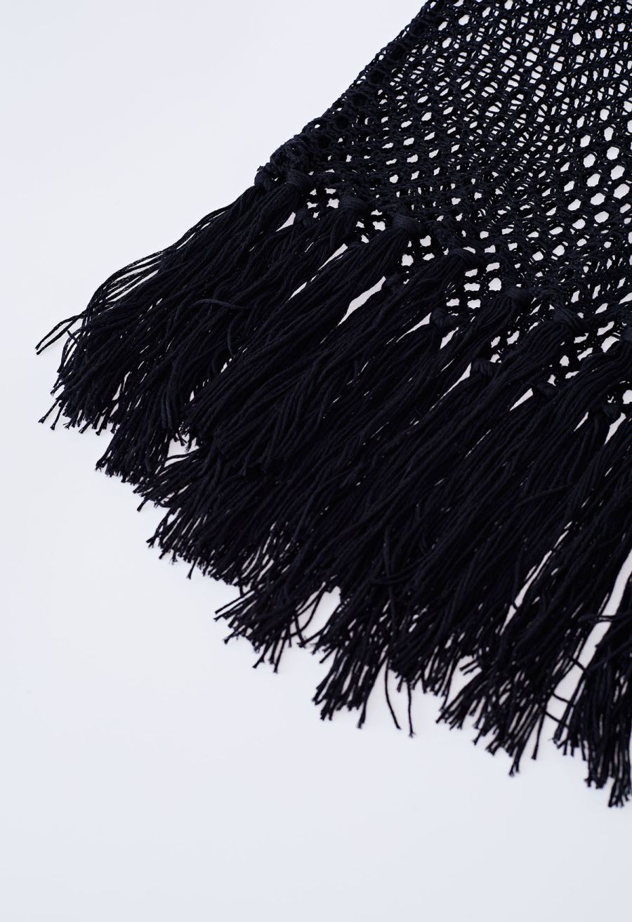 Tassel Hem Hollow Out Sleeveless Knit Cover Up in Black