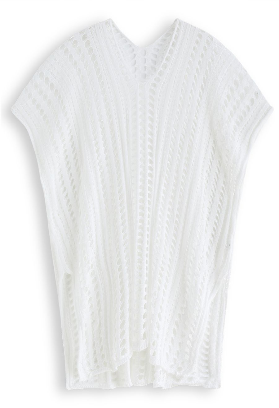Side Slit Openwork Knit Cover Up in White