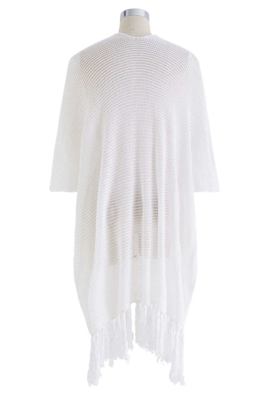 Fringed Hem Pointelle Knit Cover Up in White