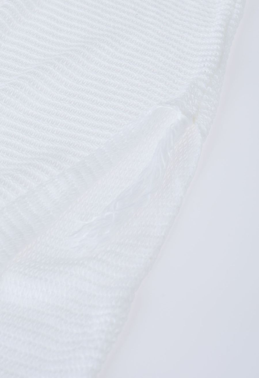 Fringed Hem Pointelle Knit Cover Up in White