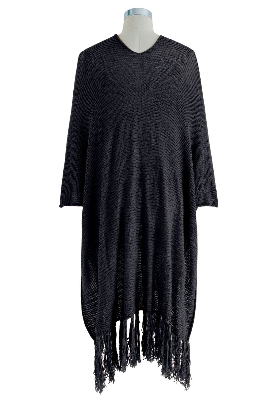 Fringed Hem Pointelle Knit Cover Up in Black