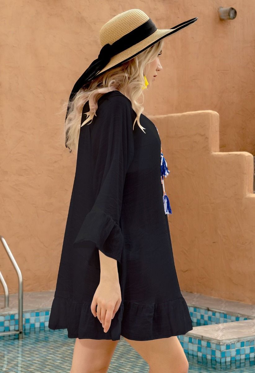 Boho Contrast Crochet Cover Up in Black