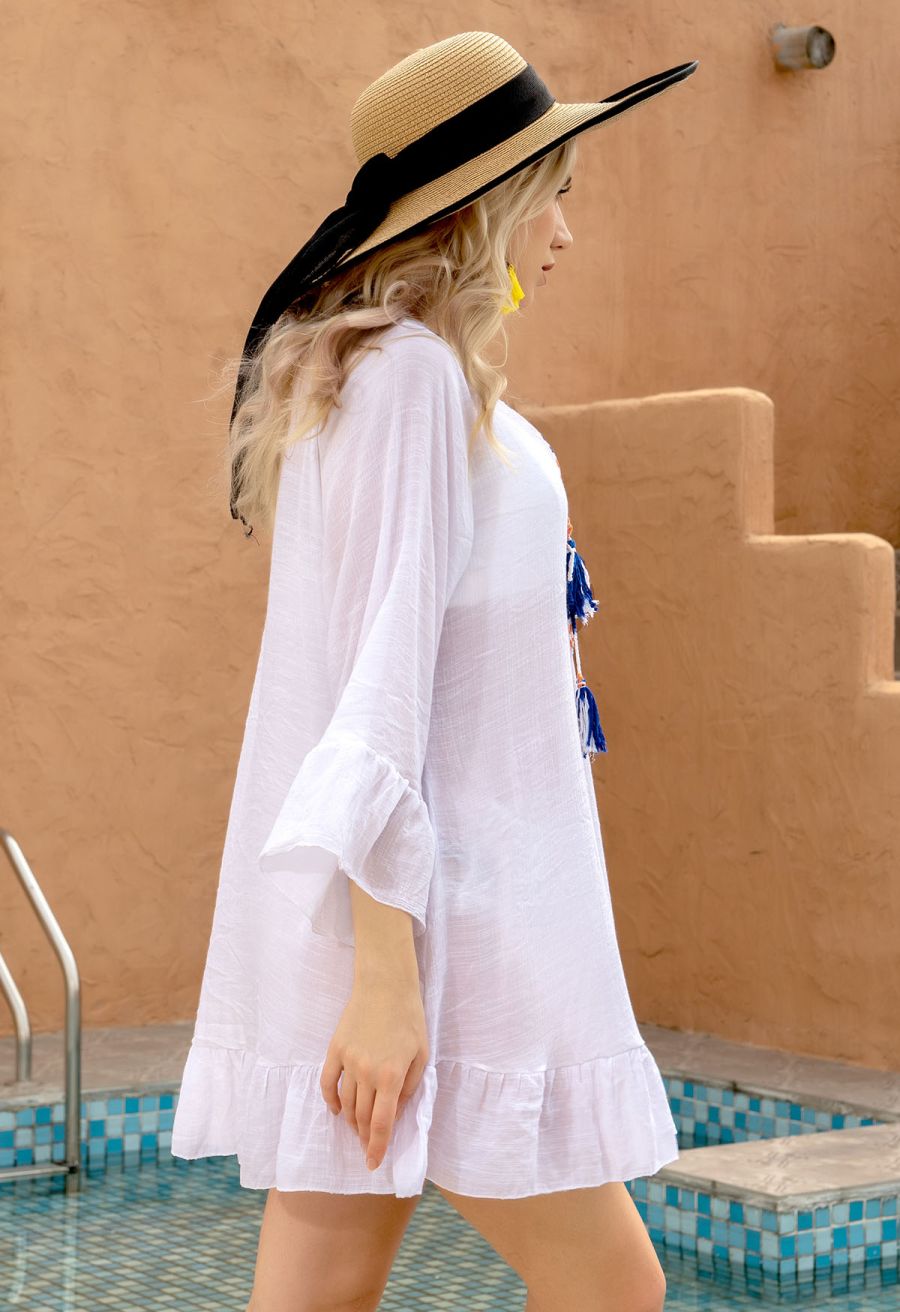 Boho Contrast Crochet Cover Up in White